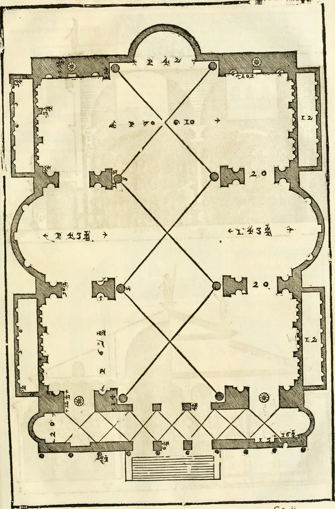 An illustration from Les quatre liures de l'architecture d'André Palladio : mis en françois : dans lesquels, après vn petit traitté des cinq ordres, auec quelques-vnes des plus necessaires obseruations pour bien bastir, il parle de la construction des maisons particulieres, des grands chemins, des ponts, des places publiques, des xystes, des basiliques, & des temples, 1650, leaf 210