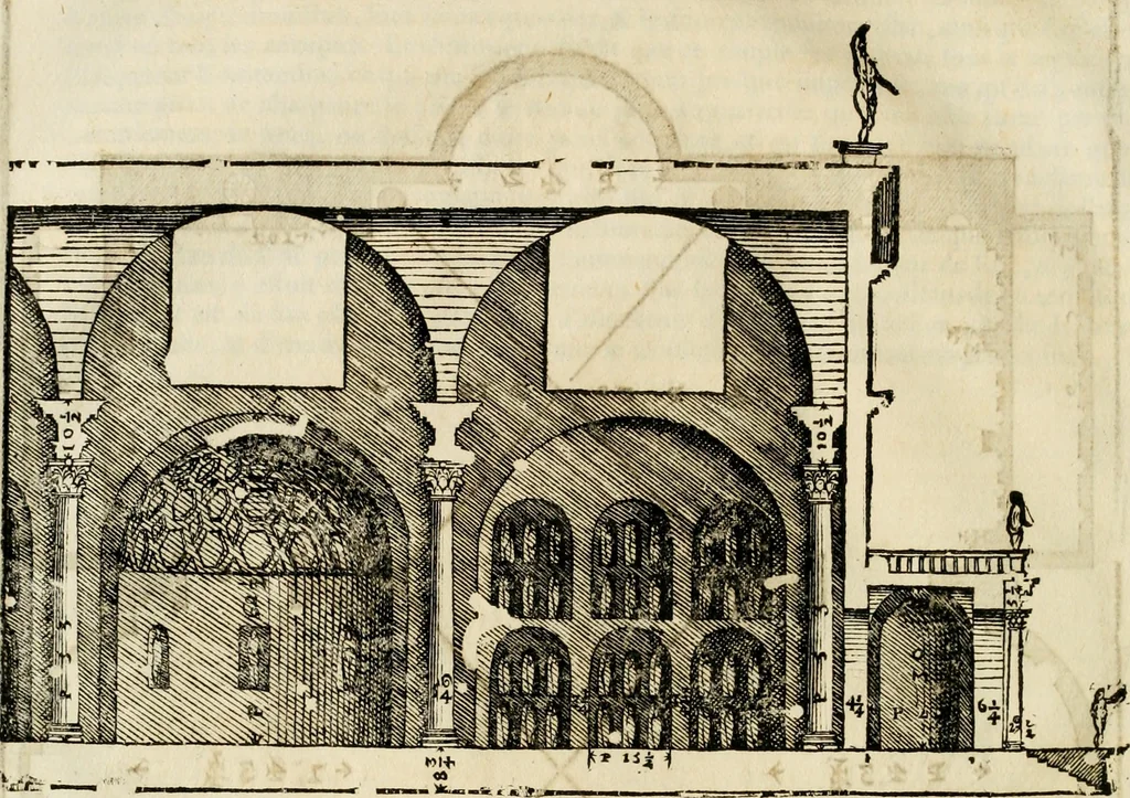An illustration from Les quatre liures de l'architecture d'André Palladio : mis en françois : dans lesquels, après vn petit traitté des cinq ordres, auec quelques-vnes des plus necessaires obseruations pour bien bastir, il parle de la construction des maisons particulieres, des grands chemins, des ponts, des places publiques, des xystes, des basiliques, & des temples, 1650, leaf 211