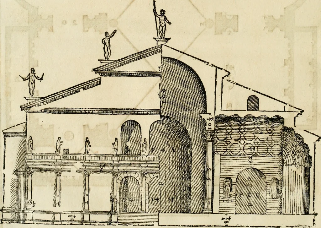 An illustration from Les quatre liures de l'architecture d'André Palladio : mis en françois : dans lesquels, après vn petit traitté des cinq ordres, auec quelques-vnes des plus necessaires obseruations pour bien bastir, il parle de la construction des maisons particulieres, des grands chemins, des ponts, des places publiques, des xystes, des basiliques, & des temples, 1650, leaf 211