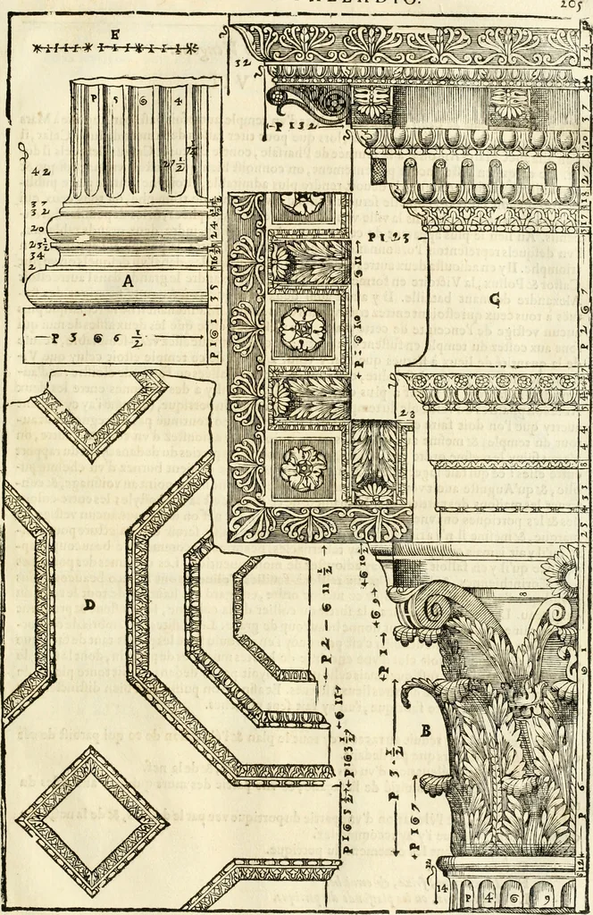 An illustration from Les quatre liures de l'architecture d'André Palladio : mis en françois : dans lesquels, après vn petit traitté des cinq ordres, auec quelques-vnes des plus necessaires obseruations pour bien bastir, il parle de la construction des maisons particulieres, des grands chemins, des ponts, des places publiques, des xystes, des basiliques, & des temples, 1650, leaf 212