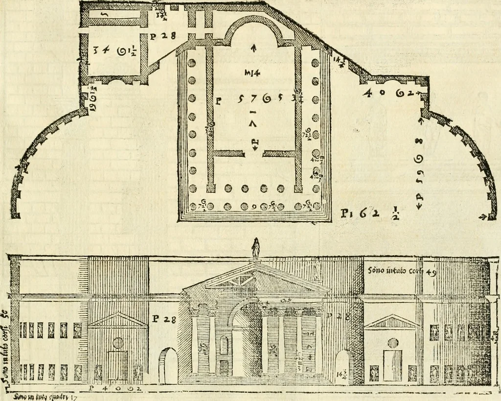 An illustration from Les quatre liures de l'architecture d'André Palladio : mis en françois : dans lesquels, après vn petit traitté des cinq ordres, auec quelques-vnes des plus necessaires obseruations pour bien bastir, il parle de la construction des maisons particulieres, des grands chemins, des ponts, des places publiques, des xystes, des basiliques, & des temples, 1650, leaf 214