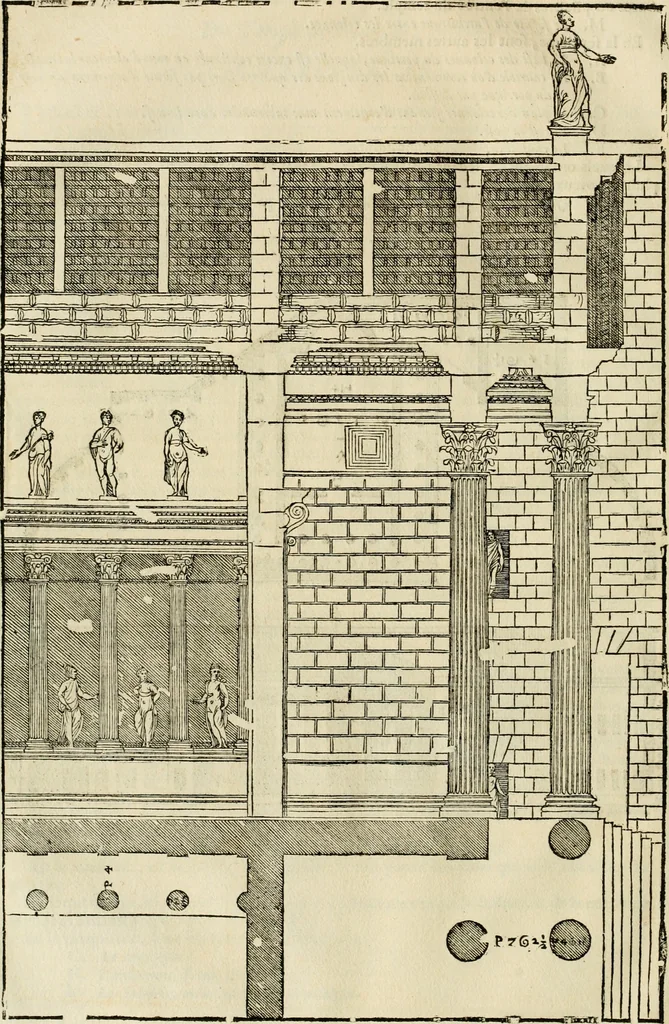 An illustration from Les quatre liures de l'architecture d'André Palladio : mis en françois : dans lesquels, après vn petit traitté des cinq ordres, auec quelques-vnes des plus necessaires obseruations pour bien bastir, il parle de la construction des maisons particulieres, des grands chemins, des ponts, des places publiques, des xystes, des basiliques, & des temples, 1650, leaf 215