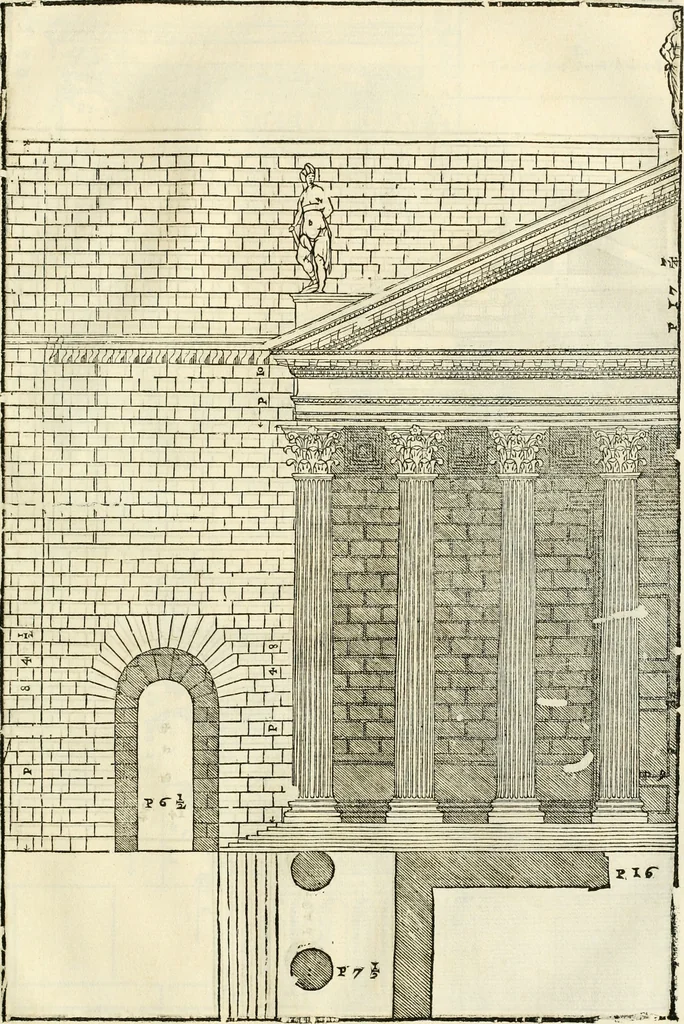 An illustration from Les quatre liures de l'architecture d'André Palladio : mis en françois : dans lesquels, après vn petit traitté des cinq ordres, auec quelques-vnes des plus necessaires obseruations pour bien bastir, il parle de la construction des maisons particulieres, des grands chemins, des ponts, des places publiques, des xystes, des basiliques, & des temples, 1650, leaf 216