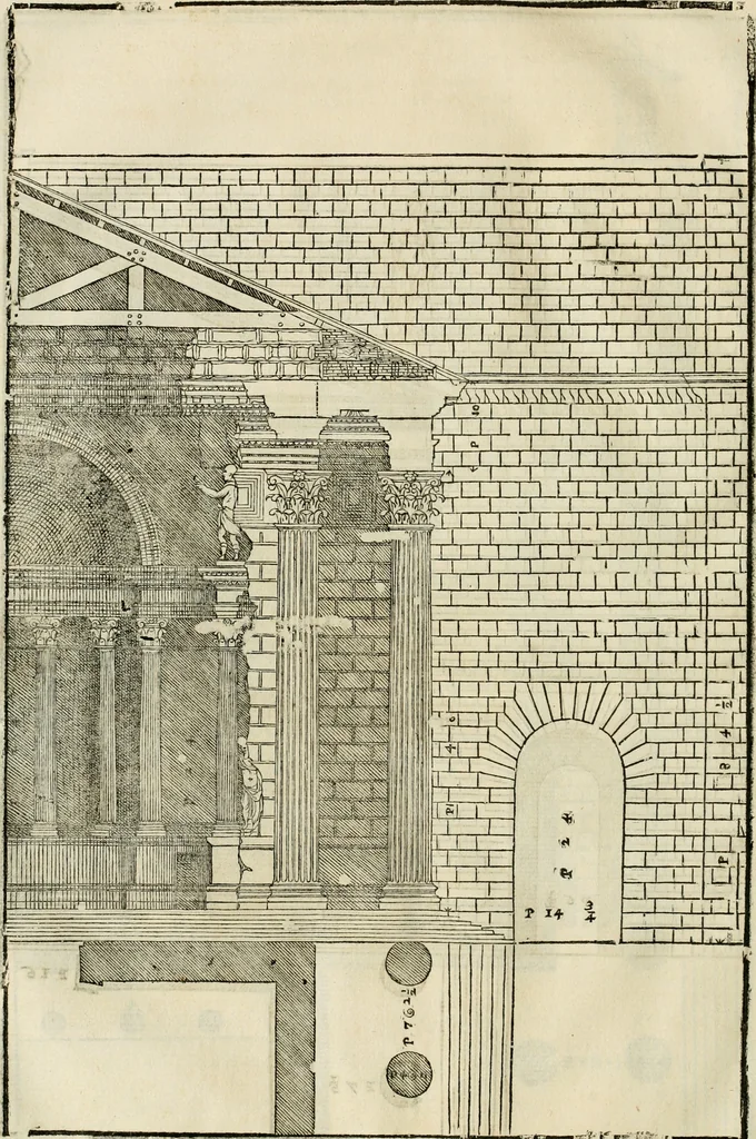 An illustration from Les quatre liures de l'architecture d'André Palladio : mis en françois : dans lesquels, après vn petit traitté des cinq ordres, auec quelques-vnes des plus necessaires obseruations pour bien bastir, il parle de la construction des maisons particulieres, des grands chemins, des ponts, des places publiques, des xystes, des basiliques, & des temples, 1650, leaf 217