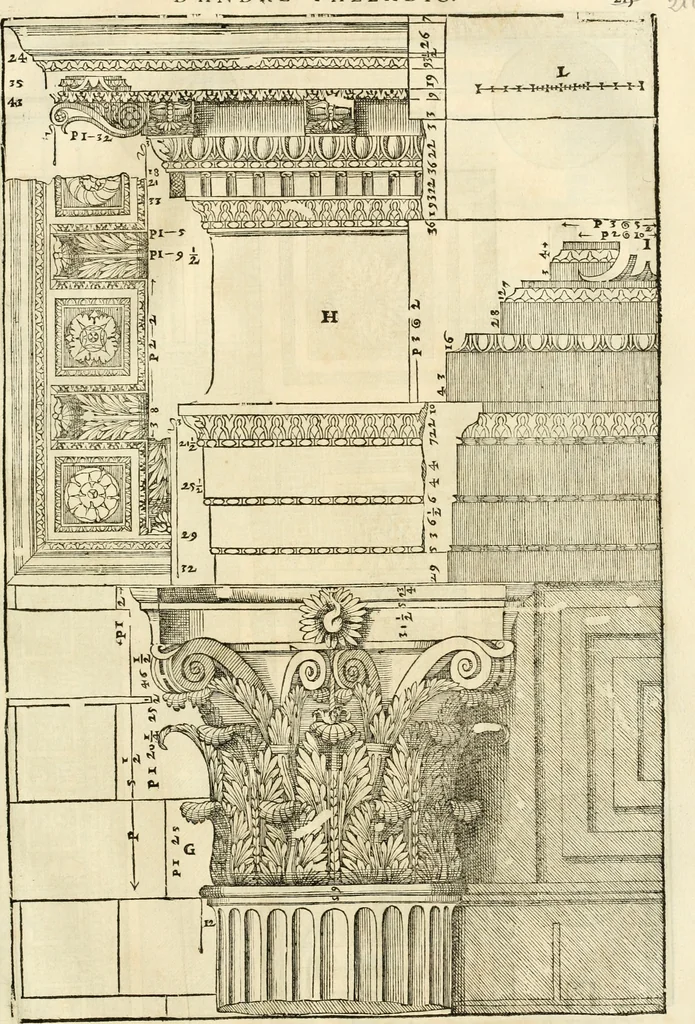 An illustration from Les quatre liures de l'architecture d'André Palladio : mis en françois : dans lesquels, après vn petit traitté des cinq ordres, auec quelques-vnes des plus necessaires obseruations pour bien bastir, il parle de la construction des maisons particulieres, des grands chemins, des ponts, des places publiques, des xystes, des basiliques, & des temples, 1650, leaf 218