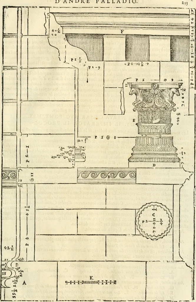 An illustration from Les quatre liures de l'architecture d'André Palladio : mis en françois : dans lesquels, après vn petit traitté des cinq ordres, auec quelques-vnes des plus necessaires obseruations pour bien bastir, il parle de la construction des maisons particulieres, des grands chemins, des ponts, des places publiques, des xystes, des basiliques, & des temples, 1650, leaf 220