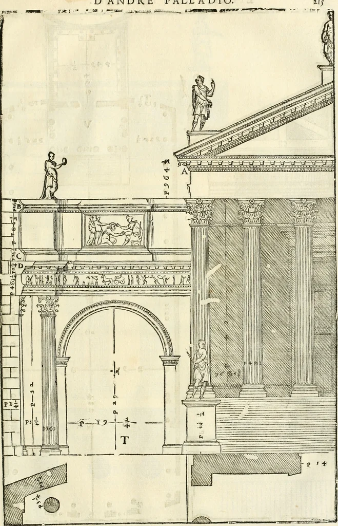 An illustration from Les quatre liures de l'architecture d'André Palladio : mis en françois : dans lesquels, après vn petit traitté des cinq ordres, auec quelques-vnes des plus necessaires obseruations pour bien bastir, il parle de la construction des maisons particulieres, des grands chemins, des ponts, des places publiques, des xystes, des basiliques, & des temples, 1650, leaf 222