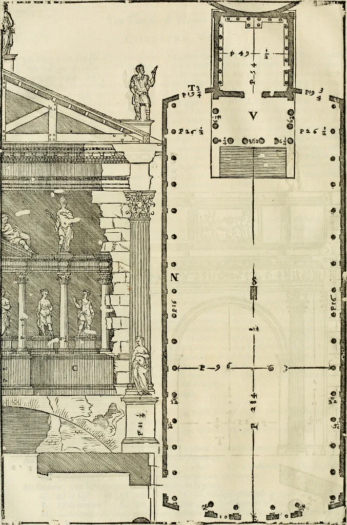 An illustration from Les quatre liures de l'architecture d'André Palladio : mis en françois : dans lesquels, après vn petit traitté des cinq ordres, auec quelques-vnes des plus necessaires obseruations pour bien bastir, il parle de la construction des maisons particulieres, des grands chemins, des ponts, des places publiques, des xystes, des basiliques, & des temples, 1650, leaf 223