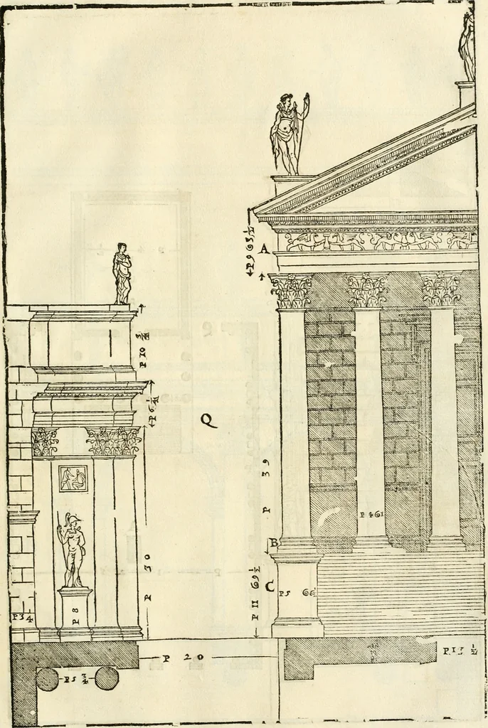 An illustration from Les quatre liures de l'architecture d'André Palladio : mis en françois : dans lesquels, après vn petit traitté des cinq ordres, auec quelques-vnes des plus necessaires obseruations pour bien bastir, il parle de la construction des maisons particulieres, des grands chemins, des ponts, des places publiques, des xystes, des basiliques, & des temples, 1650, leaf 230