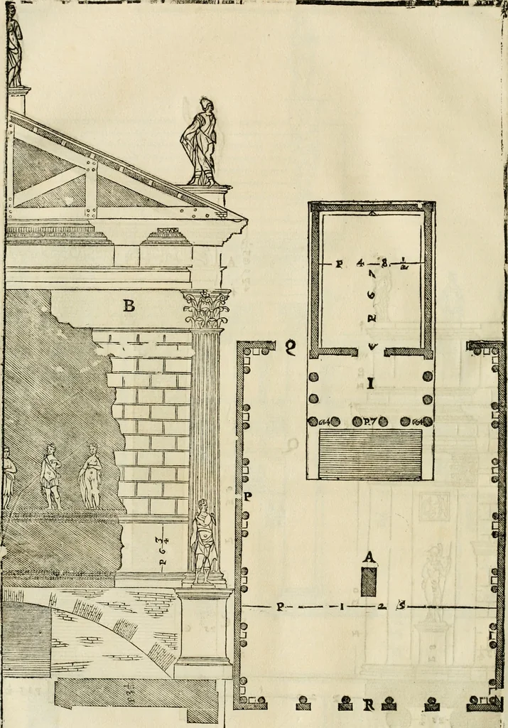 An illustration from Les quatre liures de l'architecture d'André Palladio : mis en françois : dans lesquels, après vn petit traitté des cinq ordres, auec quelques-vnes des plus necessaires obseruations pour bien bastir, il parle de la construction des maisons particulieres, des grands chemins, des ponts, des places publiques, des xystes, des basiliques, & des temples, 1650, leaf 231