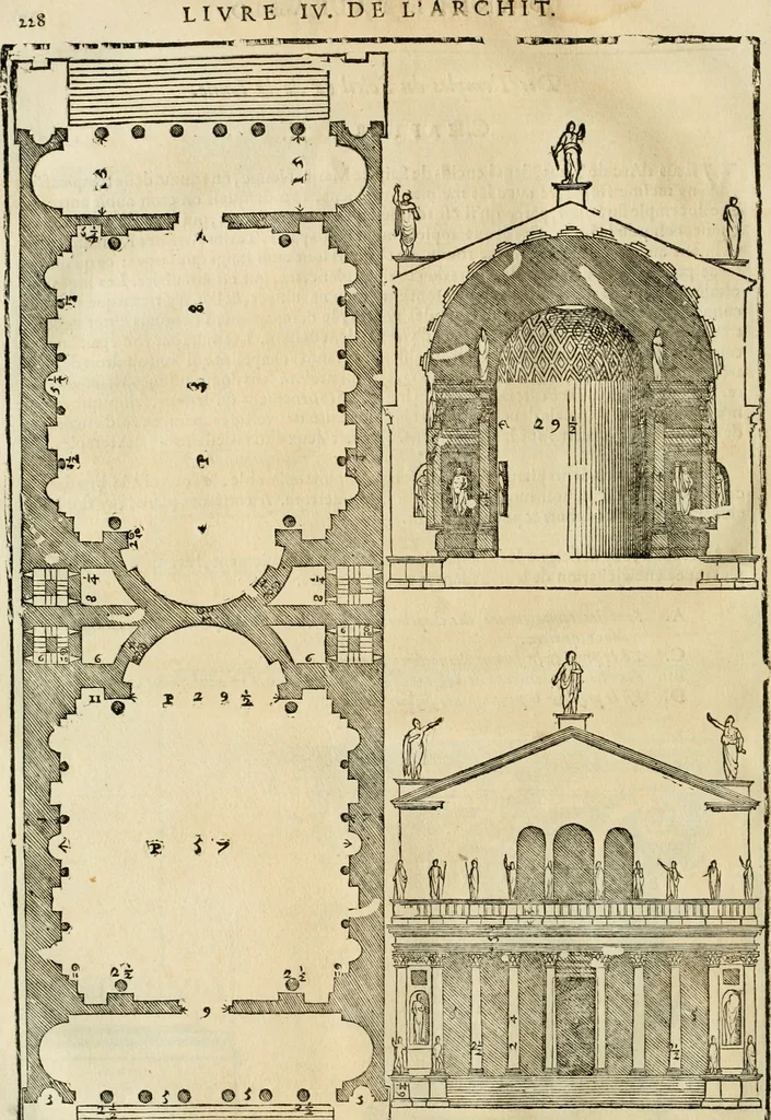 An illustration from Les quatre liures de l'architecture d'André Palladio : mis en françois : dans lesquels, après vn petit traitté des cinq ordres, auec quelques-vnes des plus necessaires obseruations pour bien bastir, il parle de la construction des maisons particulieres, des grands chemins, des ponts, des places publiques, des xystes, des basiliques, & des temples, 1650, leaf 235
