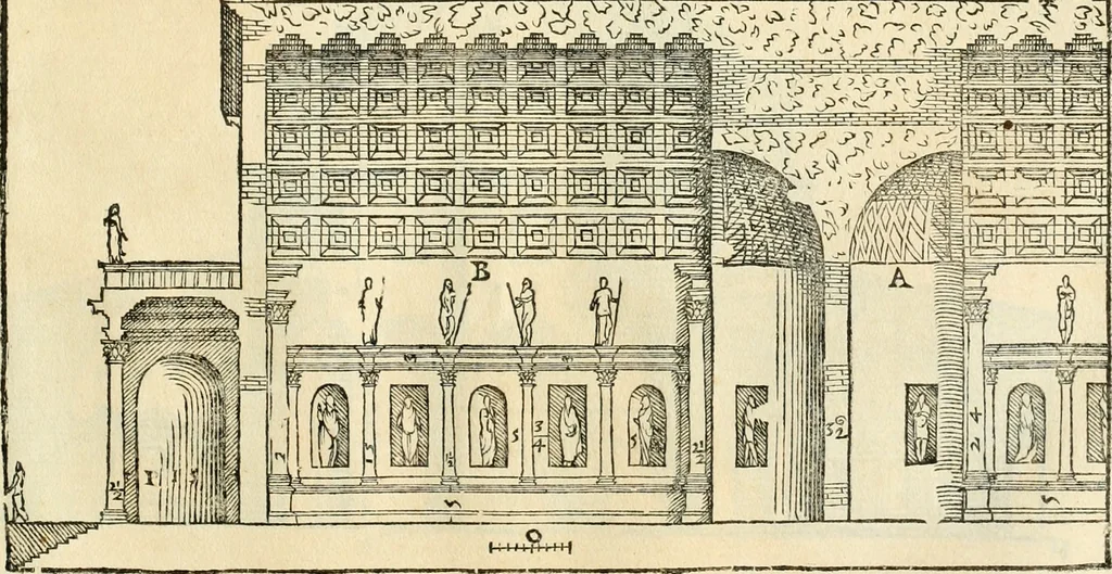 An illustration from Les quatre liures de l'architecture d'André Palladio : mis en françois : dans lesquels, après vn petit traitté des cinq ordres, auec quelques-vnes des plus necessaires obseruations pour bien bastir, il parle de la construction des maisons particulieres, des grands chemins, des ponts, des places publiques, des xystes, des basiliques, & des temples, 1650, leaf 236