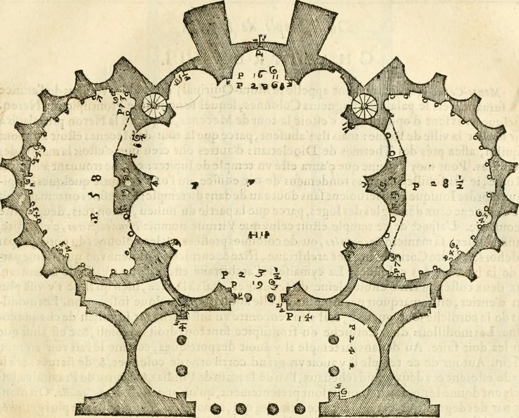 An illustration from Les quatre liures de l'architecture d'André Palladio : mis en françois : dans lesquels, après vn petit traitté des cinq ordres, auec quelques-vnes des plus necessaires obseruations pour bien bastir, il parle de la construction des maisons particulieres, des grands chemins, des ponts, des places publiques, des xystes, des basiliques, & des temples, 1650, leaf 238