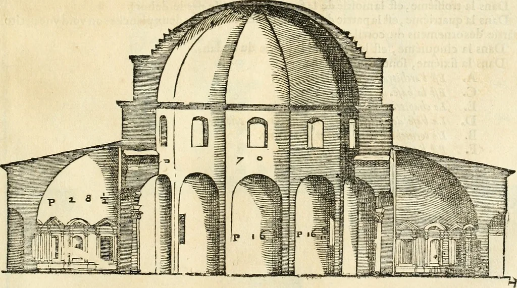 An illustration from Les quatre liures de l'architecture d'André Palladio : mis en françois : dans lesquels, après vn petit traitté des cinq ordres, auec quelques-vnes des plus necessaires obseruations pour bien bastir, il parle de la construction des maisons particulieres, des grands chemins, des ponts, des places publiques, des xystes, des basiliques, & des temples, 1650, leaf 238