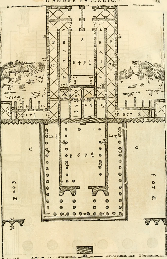 An illustration from Les quatre liures de l'architecture d'André Palladio : mis en françois : dans lesquels, après vn petit traitté des cinq ordres, auec quelques-vnes des plus necessaires obseruations pour bien bastir, il parle de la construction des maisons particulieres, des grands chemins, des ponts, des places publiques, des xystes, des basiliques, & des temples, 1650, leaf 240