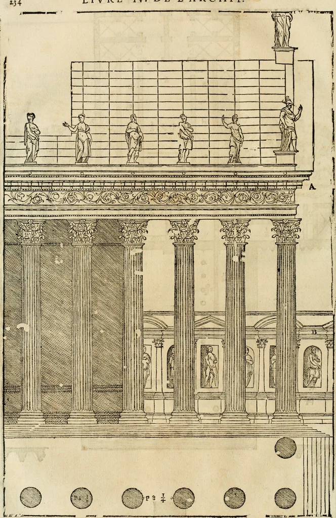 An illustration from Les quatre liures de l'architecture d'André Palladio : mis en françois : dans lesquels, après vn petit traitté des cinq ordres, auec quelques-vnes des plus necessaires obseruations pour bien bastir, il parle de la construction des maisons particulieres, des grands chemins, des ponts, des places publiques, des xystes, des basiliques, & des temples, 1650, leaf 241