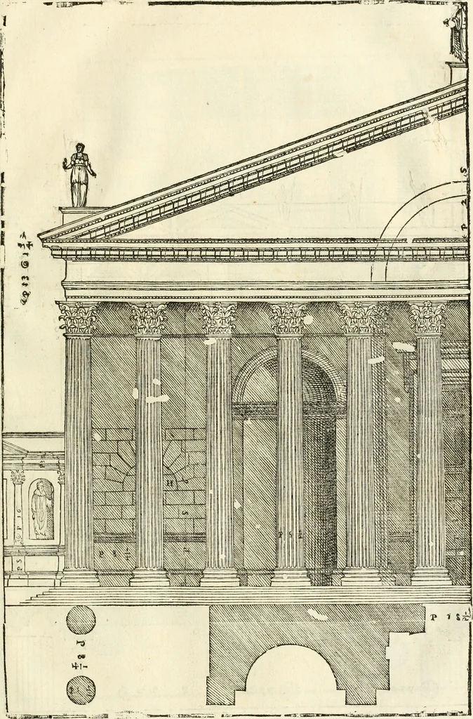 An illustration from Les quatre liures de l'architecture d'André Palladio : mis en françois : dans lesquels, après vn petit traitté des cinq ordres, auec quelques-vnes des plus necessaires obseruations pour bien bastir, il parle de la construction des maisons particulieres, des grands chemins, des ponts, des places publiques, des xystes, des basiliques, & des temples, 1650, leaf 242
