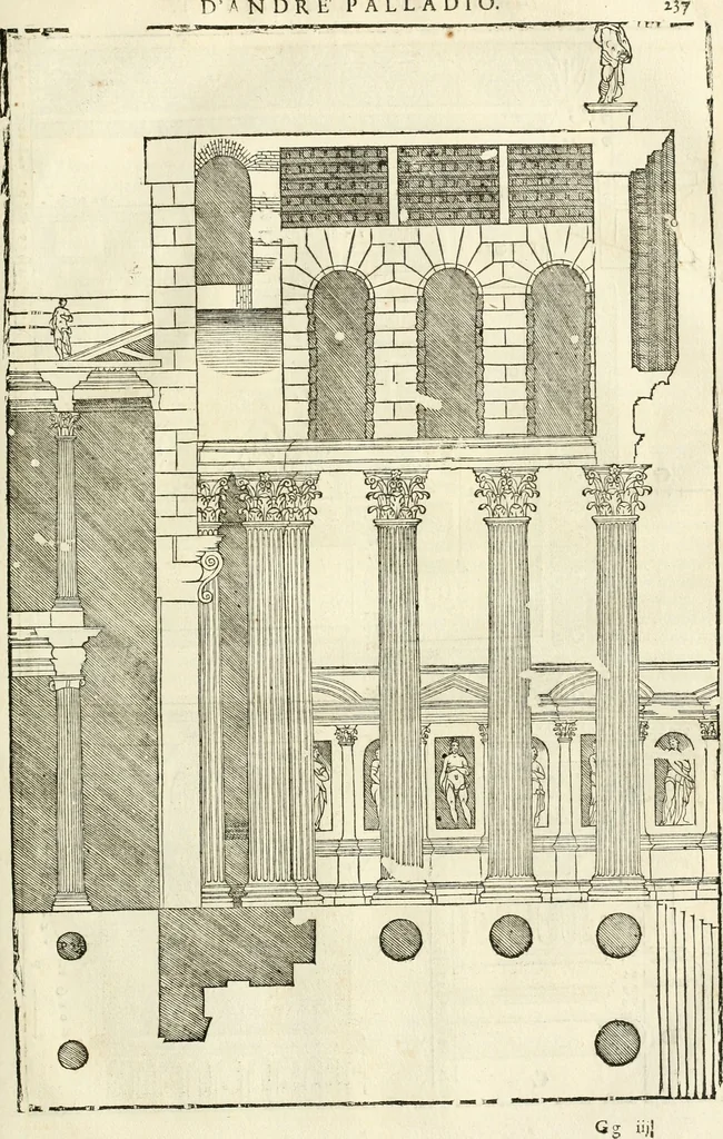 An illustration from Les quatre liures de l'architecture d'André Palladio : mis en françois : dans lesquels, après vn petit traitté des cinq ordres, auec quelques-vnes des plus necessaires obseruations pour bien bastir, il parle de la construction des maisons particulieres, des grands chemins, des ponts, des places publiques, des xystes, des basiliques, & des temples, 1650, leaf 244