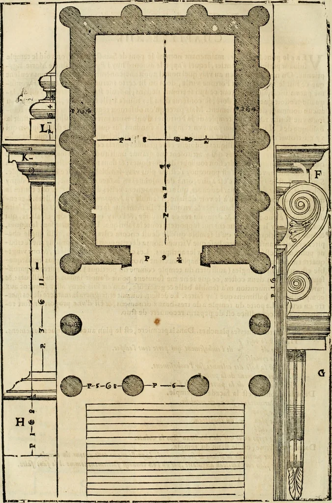 An illustration from Les quatre liures de l'architecture d'André Palladio : mis en françois : dans lesquels, après vn petit traitté des cinq ordres, auec quelques-vnes des plus necessaires obseruations pour bien bastir, il parle de la construction des maisons particulieres, des grands chemins, des ponts, des places publiques, des xystes, des basiliques, & des temples, 1650, leaf 247