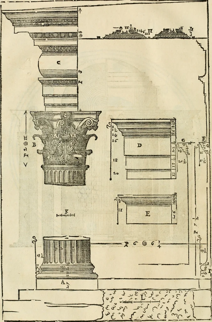 An illustration from Les quatre liures de l'architecture d'André Palladio : mis en françois : dans lesquels, après vn petit traitté des cinq ordres, auec quelques-vnes des plus necessaires obseruations pour bien bastir, il parle de la construction des maisons particulieres, des grands chemins, des ponts, des places publiques, des xystes, des basiliques, & des temples, 1650, leaf 253