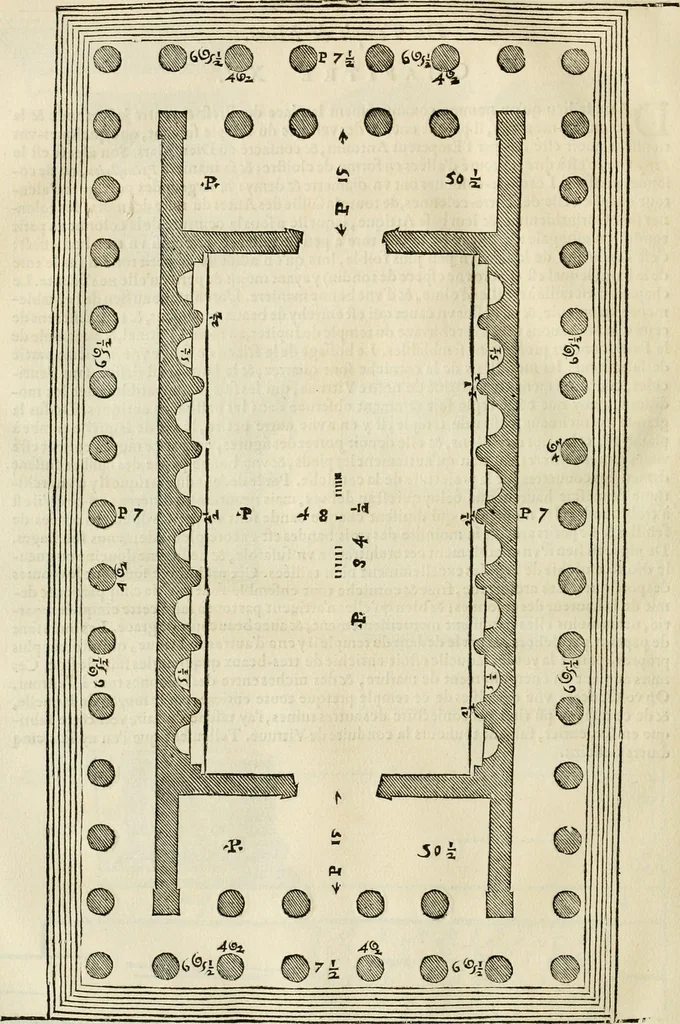 An illustration from Les quatre liures de l'architecture d'André Palladio : mis en françois : dans lesquels, après vn petit traitté des cinq ordres, auec quelques-vnes des plus necessaires obseruations pour bien bastir, il parle de la construction des maisons particulieres, des grands chemins, des ponts, des places publiques, des xystes, des basiliques, & des temples, 1650, leaf 255