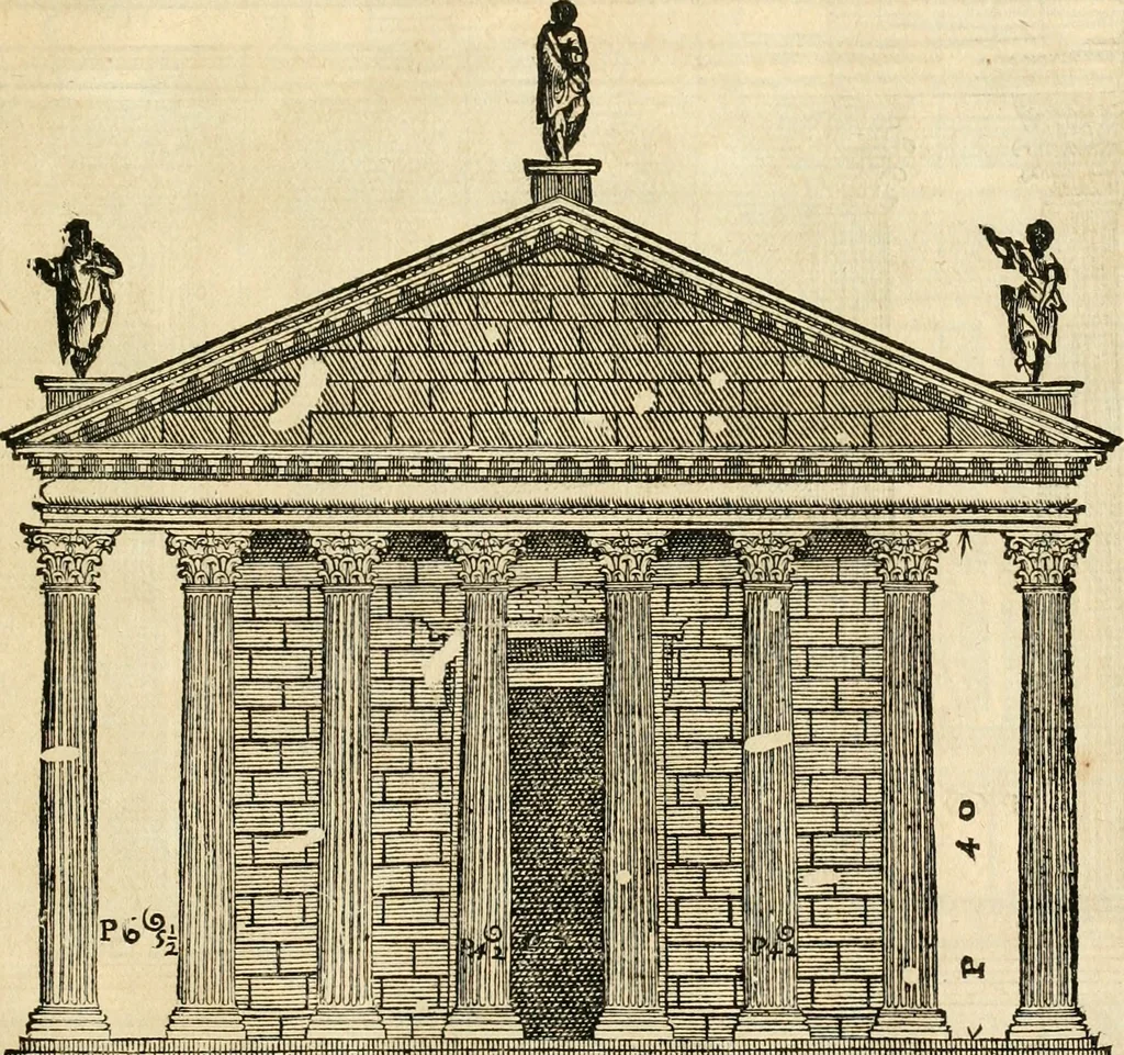 An illustration from Les quatre liures de l'architecture d'André Palladio : mis en françois : dans lesquels, après vn petit traitté des cinq ordres, auec quelques-vnes des plus necessaires obseruations pour bien bastir, il parle de la construction des maisons particulieres, des grands chemins, des ponts, des places publiques, des xystes, des basiliques, & des temples, 1650, leaf 256