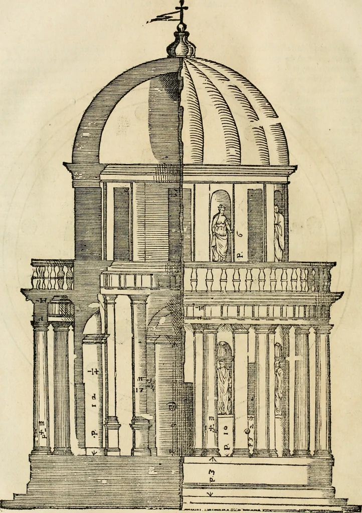 An illustration from Les quatre liures de l'architecture d'André Palladio : mis en françois : dans lesquels, après vn petit traitté des cinq ordres, auec quelques-vnes des plus necessaires obseruations pour bien bastir, il parle de la construction des maisons particulieres, des grands chemins, des ponts, des places publiques, des xystes, des basiliques, & des temples, 1650, leaf 265