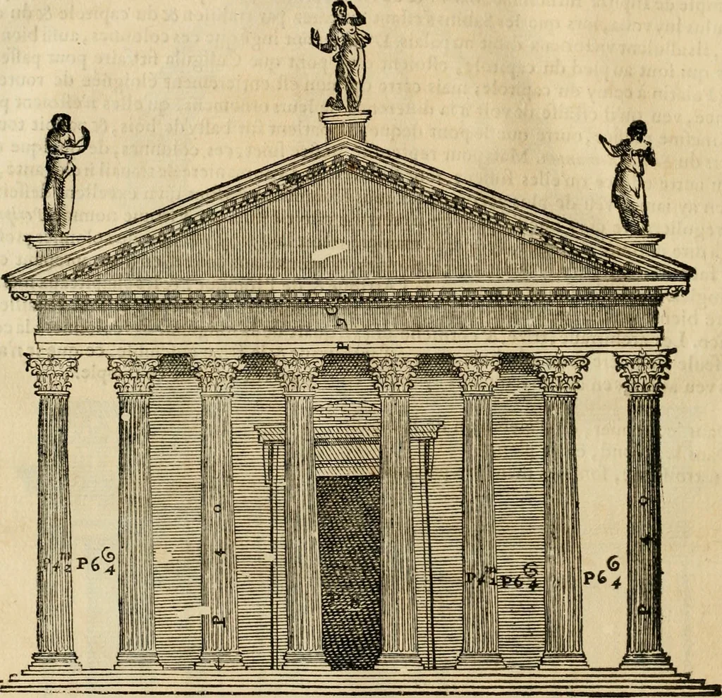 An illustration from Les quatre liures de l'architecture d'André Palladio : mis en françois : dans lesquels, après vn petit traitté des cinq ordres, auec quelques-vnes des plus necessaires obseruations pour bien bastir, il parle de la construction des maisons particulieres, des grands chemins, des ponts, des places publiques, des xystes, des basiliques, & des temples, 1650, leaf 267