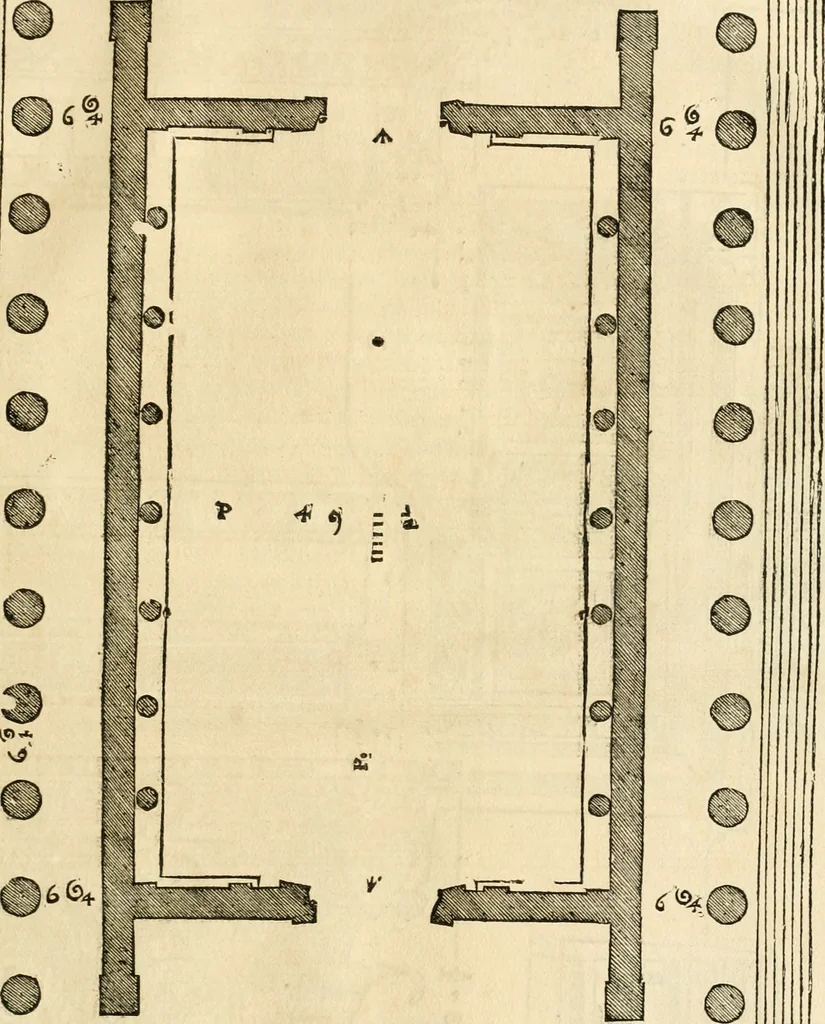 An illustration from Les quatre liures de l'architecture d'André Palladio : mis en françois : dans lesquels, après vn petit traitté des cinq ordres, auec quelques-vnes des plus necessaires obseruations pour bien bastir, il parle de la construction des maisons particulieres, des grands chemins, des ponts, des places publiques, des xystes, des basiliques, & des temples, 1650, leaf 268
