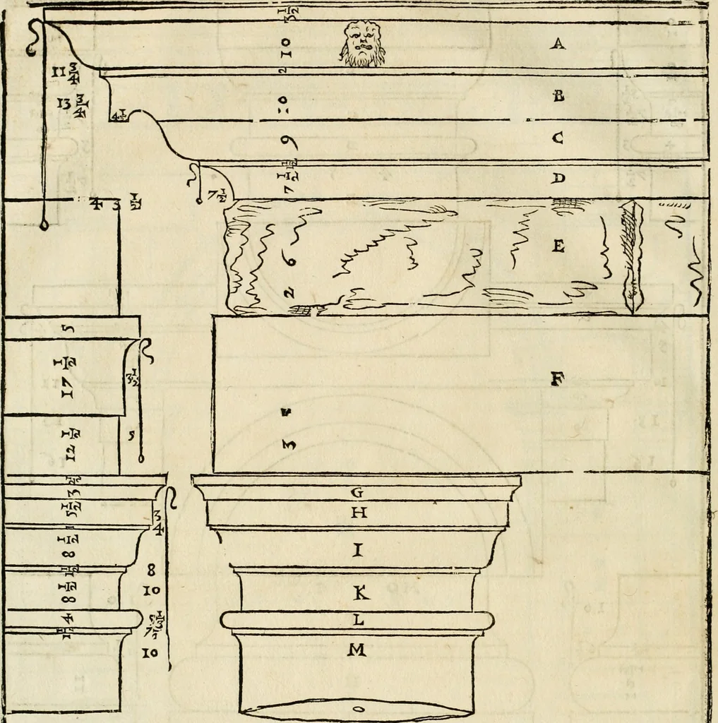 An illustration from Les quatre liures de l'architecture d'André Palladio : mis en françois : dans lesquels, après vn petit traitté des cinq ordres, auec quelques-vnes des plus necessaires obseruations pour bien bastir, il parle de la construction des maisons particulieres, des grands chemins, des ponts, des places publiques, des xystes, des basiliques, & des temples, 1650, leaf 27