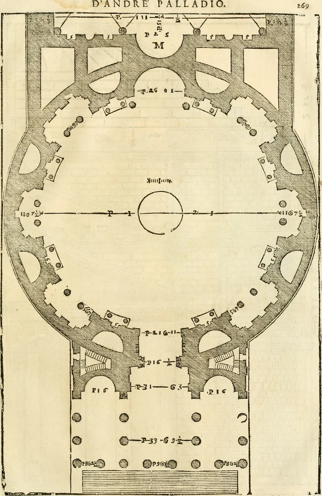 An illustration from Les quatre liures de l'architecture d'André Palladio : mis en françois : dans lesquels, après vn petit traitté des cinq ordres, auec quelques-vnes des plus necessaires obseruations pour bien bastir, il parle de la construction des maisons particulieres, des grands chemins, des ponts, des places publiques, des xystes, des basiliques, & des temples, 1650, leaf 276