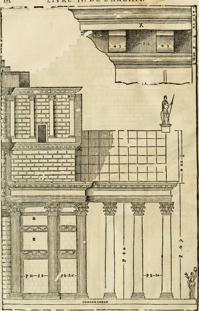 An illustration from Les quatre liures de l'architecture d'André Palladio : mis en françois : dans lesquels, après vn petit traitté des cinq ordres, auec quelques-vnes des plus necessaires obseruations pour bien bastir, il parle de la construction des maisons particulieres, des grands chemins, des ponts, des places publiques, des xystes, des basiliques, & des temples, 1650, leaf 279