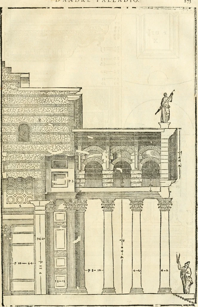An illustration from Les quatre liures de l'architecture d'André Palladio : mis en françois : dans lesquels, après vn petit traitté des cinq ordres, auec quelques-vnes des plus necessaires obseruations pour bien bastir, il parle de la construction des maisons particulieres, des grands chemins, des ponts, des places publiques, des xystes, des basiliques, & des temples, 1650, leaf 280