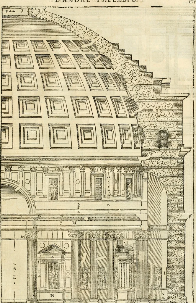 An illustration from Les quatre liures de l'architecture d'André Palladio : mis en françois : dans lesquels, après vn petit traitté des cinq ordres, auec quelques-vnes des plus necessaires obseruations pour bien bastir, il parle de la construction des maisons particulieres, des grands chemins, des ponts, des places publiques, des xystes, des basiliques, & des temples, 1650, leaf 282