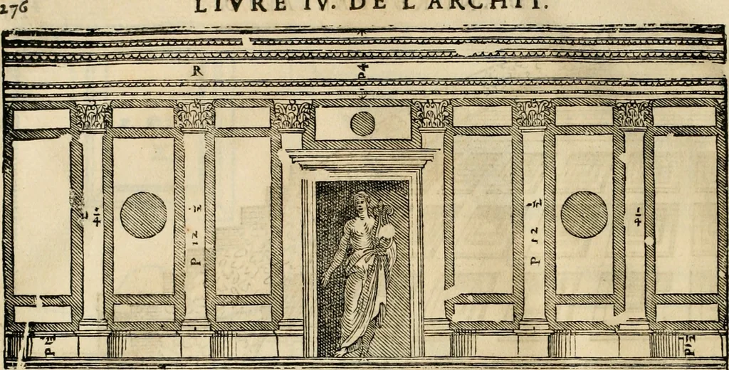 An illustration from Les quatre liures de l'architecture d'André Palladio : mis en françois : dans lesquels, après vn petit traitté des cinq ordres, auec quelques-vnes des plus necessaires obseruations pour bien bastir, il parle de la construction des maisons particulieres, des grands chemins, des ponts, des places publiques, des xystes, des basiliques, & des temples, 1650, leaf 283