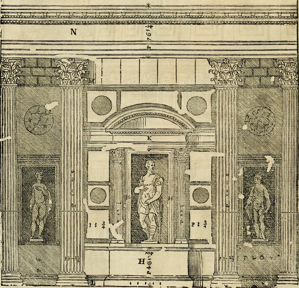 An illustration from Les quatre liures de l'architecture d'André Palladio : mis en françois : dans lesquels, après vn petit traitté des cinq ordres, auec quelques-vnes des plus necessaires obseruations pour bien bastir, il parle de la construction des maisons particulieres, des grands chemins, des ponts, des places publiques, des xystes, des basiliques, & des temples, 1650, leaf 283