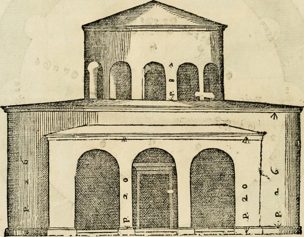 An illustration from Les quatre liures de l'architecture d'André Palladio : mis en françois : dans lesquels, après vn petit traitté des cinq ordres, auec quelques-vnes des plus necessaires obseruations pour bien bastir, il parle de la construction des maisons particulieres, des grands chemins, des ponts, des places publiques, des xystes, des basiliques, & des temples, 1650, leaf 287