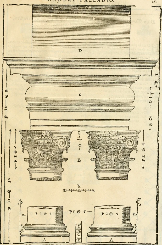 An illustration from Les quatre liures de l'architecture d'André Palladio : mis en françois : dans lesquels, après vn petit traitté des cinq ordres, auec quelques-vnes des plus necessaires obseruations pour bien bastir, il parle de la construction des maisons particulieres, des grands chemins, des ponts, des places publiques, des xystes, des basiliques, & des temples, 1650, leaf 288