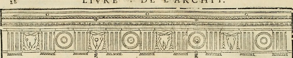 An illustration from Les quatre liures de l'architecture d'André Palladio : mis en françois : dans lesquels, après vn petit traitté des cinq ordres, auec quelques-vnes des plus necessaires obseruations pour bien bastir, il parle de la construction des maisons particulieres, des grands chemins, des ponts, des places publiques, des xystes, des basiliques, & des temples, 1650, leaf 29