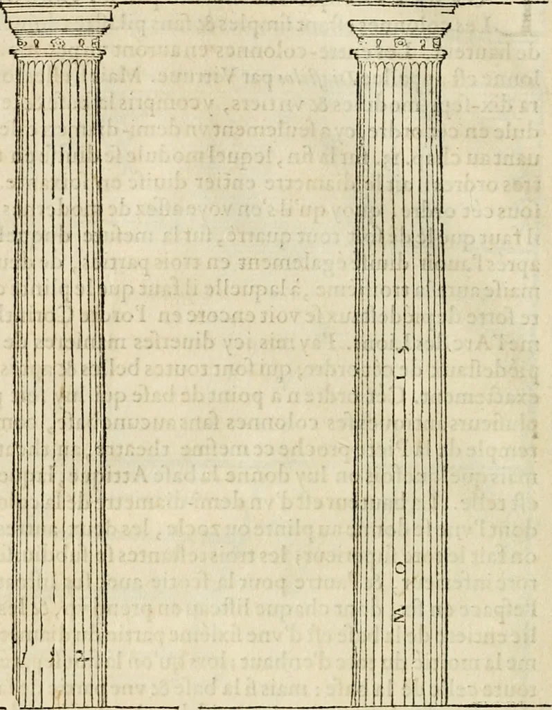 An illustration from Les quatre liures de l'architecture d'André Palladio : mis en françois : dans lesquels, après vn petit traitté des cinq ordres, auec quelques-vnes des plus necessaires obseruations pour bien bastir, il parle de la construction des maisons particulieres, des grands chemins, des ponts, des places publiques, des xystes, des basiliques, & des temples, 1650, leaf 29