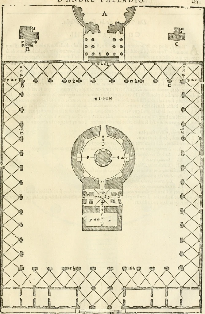 An illustration from Les quatre liures de l'architecture d'André Palladio : mis en françois : dans lesquels, après vn petit traitté des cinq ordres, auec quelques-vnes des plus necessaires obseruations pour bien bastir, il parle de la construction des maisons particulieres, des grands chemins, des ponts, des places publiques, des xystes, des basiliques, & des temples, 1650, leaf 290