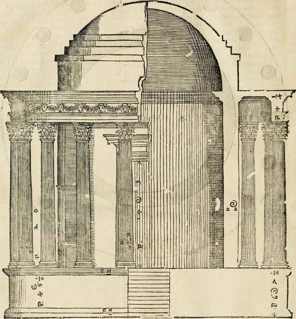 An illustration from Les quatre liures de l'architecture d'André Palladio : mis en françois : dans lesquels, après vn petit traitté des cinq ordres, auec quelques-vnes des plus necessaires obseruations pour bien bastir, il parle de la construction des maisons particulieres, des grands chemins, des ponts, des places publiques, des xystes, des basiliques, & des temples, 1650, leaf 293