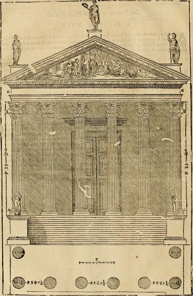 An illustration from Les quatre liures de l'architecture d'André Palladio : mis en françois : dans lesquels, après vn petit traitté des cinq ordres, auec quelques-vnes des plus necessaires obseruations pour bien bastir, il parle de la construction des maisons particulieres, des grands chemins, des ponts, des places publiques, des xystes, des basiliques, & des temples, 1650, leaf 297