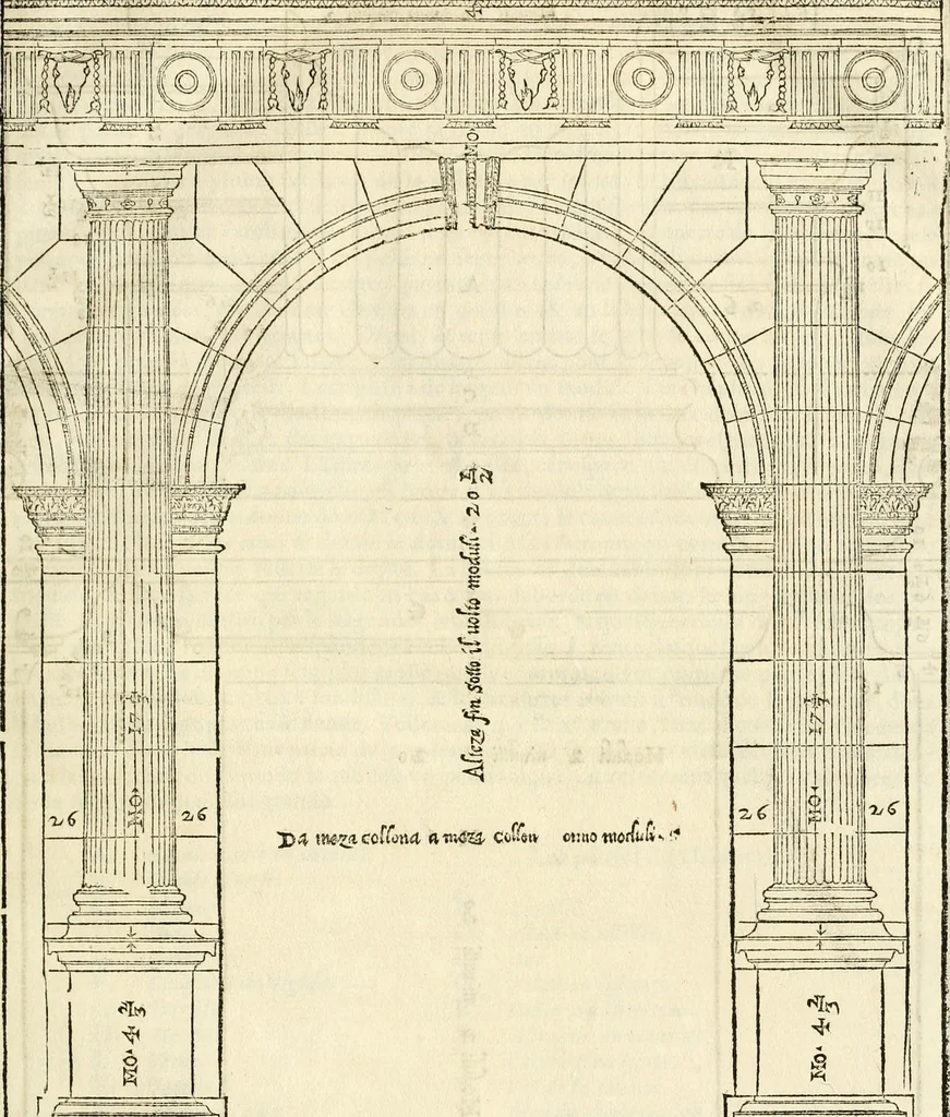 An illustration from Les quatre liures de l'architecture d'André Palladio : mis en françois : dans lesquels, après vn petit traitté des cinq ordres, auec quelques-vnes des plus necessaires obseruations pour bien bastir, il parle de la construction des maisons particulieres, des grands chemins, des ponts, des places publiques, des xystes, des basiliques, & des temples, 1650, leaf 30
