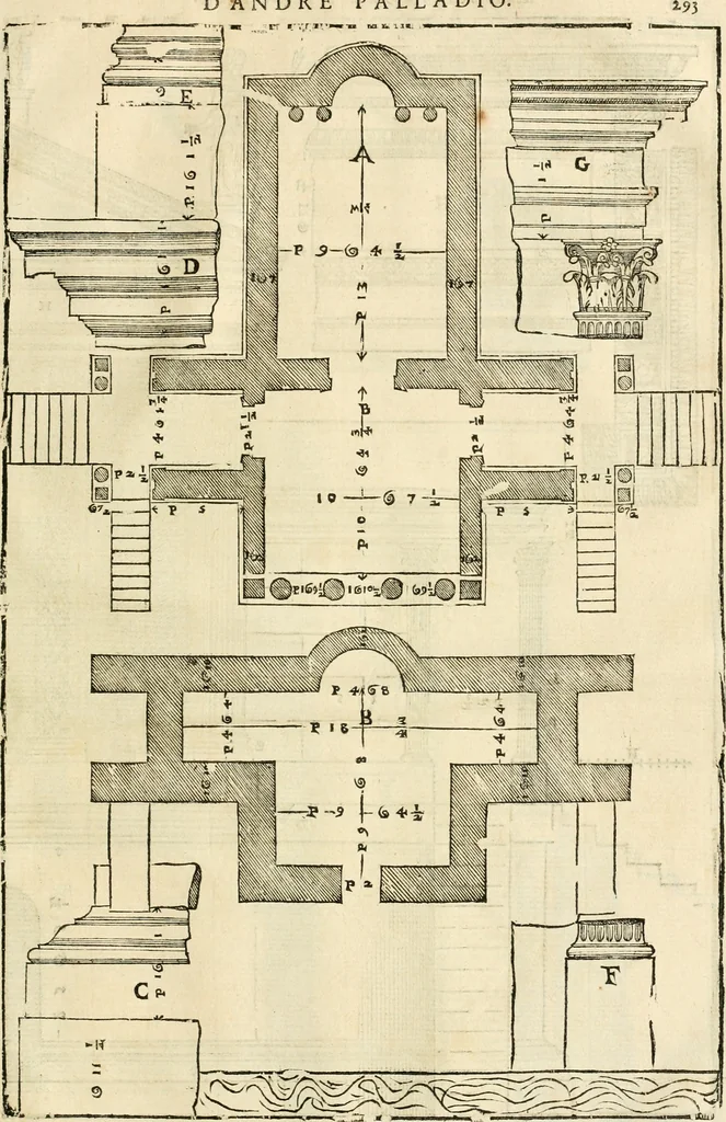 An illustration from Les quatre liures de l'architecture d'André Palladio : mis en françois : dans lesquels, après vn petit traitté des cinq ordres, auec quelques-vnes des plus necessaires obseruations pour bien bastir, il parle de la construction des maisons particulieres, des grands chemins, des ponts, des places publiques, des xystes, des basiliques, & des temples, 1650, leaf 300