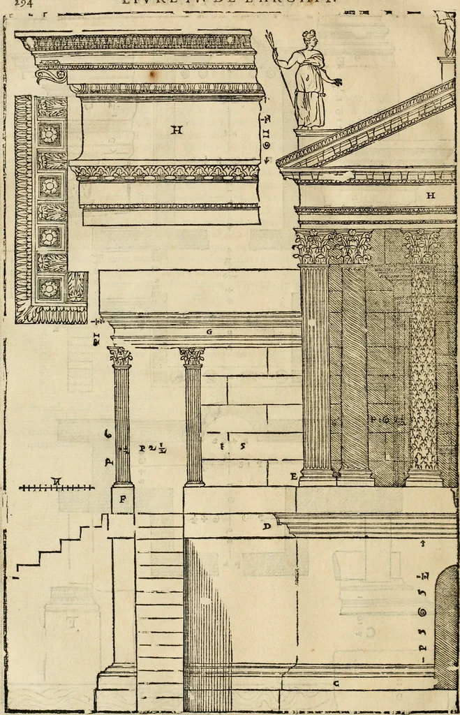 An illustration from Les quatre liures de l'architecture d'André Palladio : mis en françois : dans lesquels, après vn petit traitté des cinq ordres, auec quelques-vnes des plus necessaires obseruations pour bien bastir, il parle de la construction des maisons particulieres, des grands chemins, des ponts, des places publiques, des xystes, des basiliques, & des temples, 1650, leaf 301