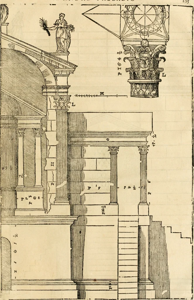 An illustration from Les quatre liures de l'architecture d'André Palladio : mis en françois : dans lesquels, après vn petit traitté des cinq ordres, auec quelques-vnes des plus necessaires obseruations pour bien bastir, il parle de la construction des maisons particulieres, des grands chemins, des ponts, des places publiques, des xystes, des basiliques, & des temples, 1650, leaf 302