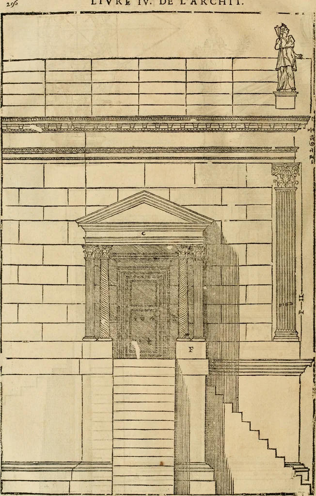 An illustration from Les quatre liures de l'architecture d'André Palladio : mis en françois : dans lesquels, après vn petit traitté des cinq ordres, auec quelques-vnes des plus necessaires obseruations pour bien bastir, il parle de la construction des maisons particulieres, des grands chemins, des ponts, des places publiques, des xystes, des basiliques, & des temples, 1650, leaf 303