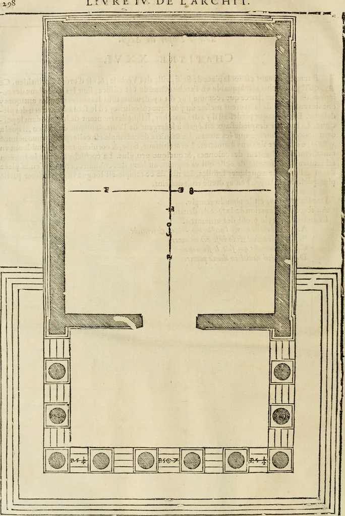 An illustration from Les quatre liures de l'architecture d'André Palladio : mis en françois : dans lesquels, après vn petit traitté des cinq ordres, auec quelques-vnes des plus necessaires obseruations pour bien bastir, il parle de la construction des maisons particulieres, des grands chemins, des ponts, des places publiques, des xystes, des basiliques, & des temples, 1650, leaf 305