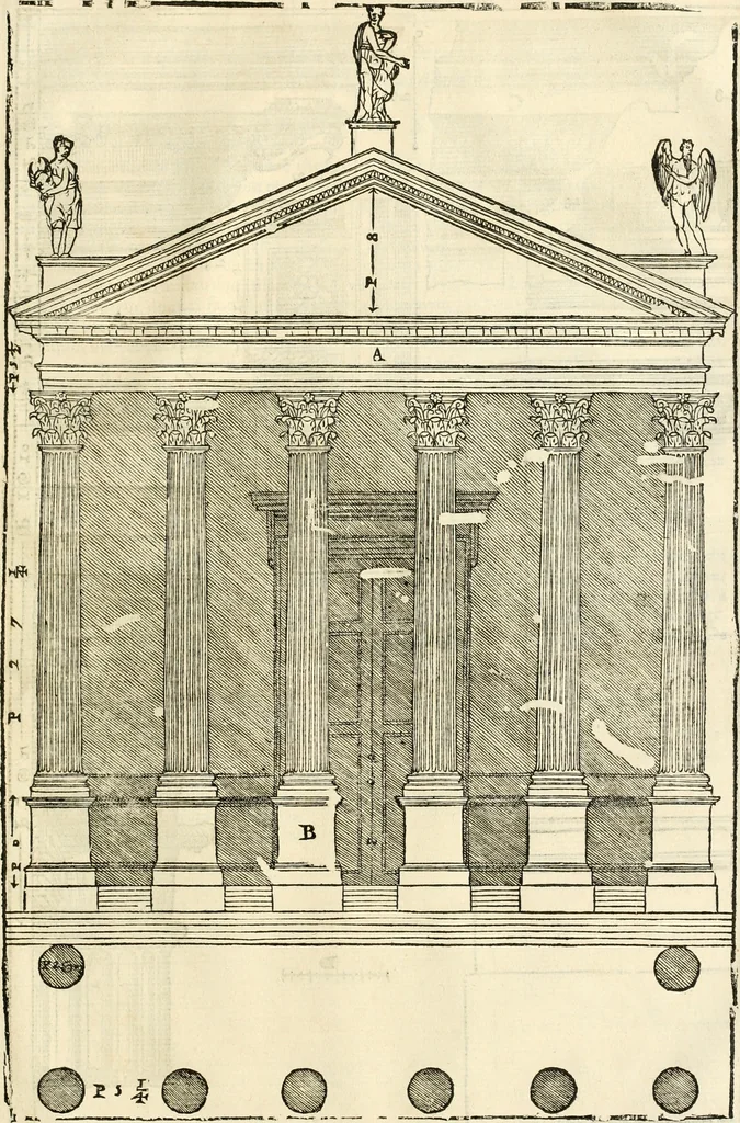 An illustration from Les quatre liures de l'architecture d'André Palladio : mis en françois : dans lesquels, après vn petit traitté des cinq ordres, auec quelques-vnes des plus necessaires obseruations pour bien bastir, il parle de la construction des maisons particulieres, des grands chemins, des ponts, des places publiques, des xystes, des basiliques, & des temples, 1650, leaf 306